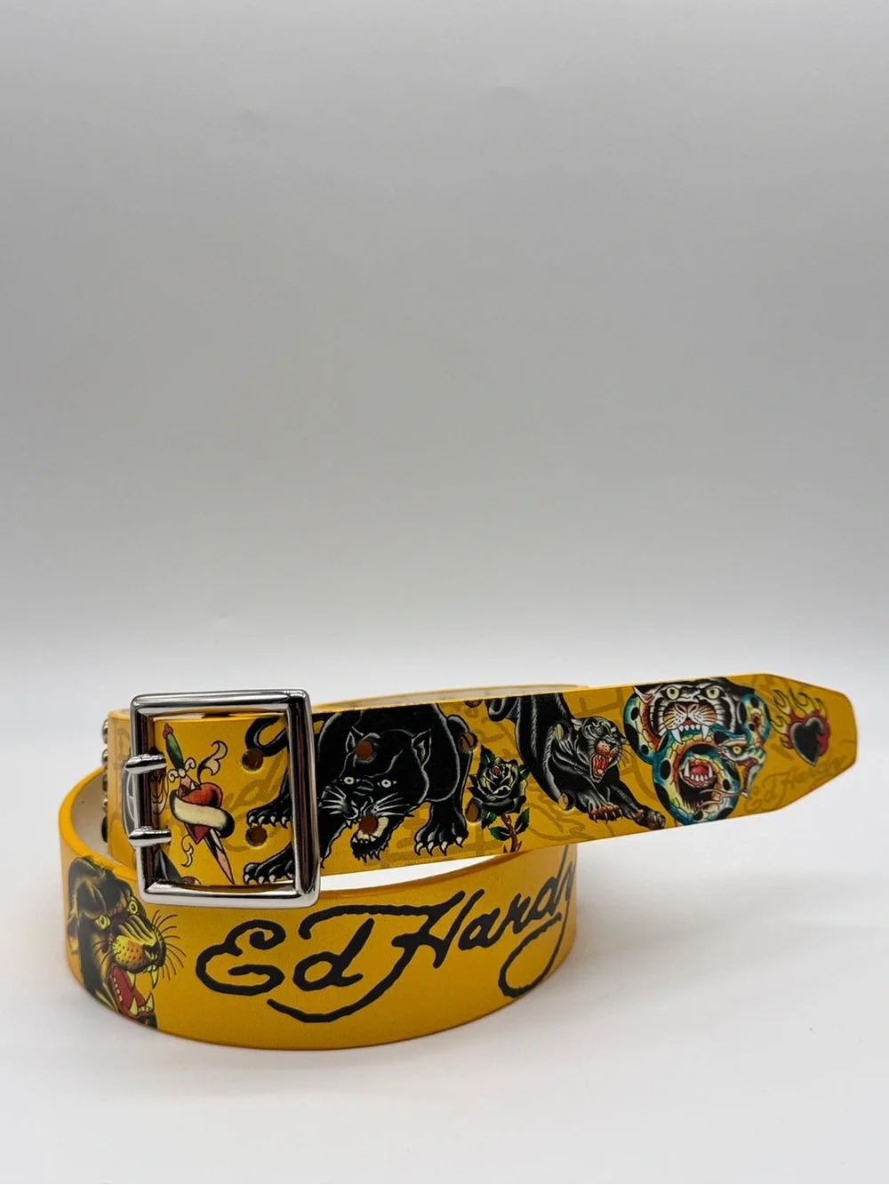 Ed Hardy Panther Snake Studded Belt Yellow Y2K Tattoo Art Size 38 Brand New